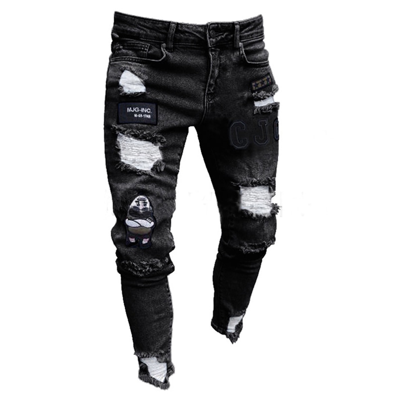 3 Styles Men Stretchy Ripped Skinny Biker Embroidery Print Jeans